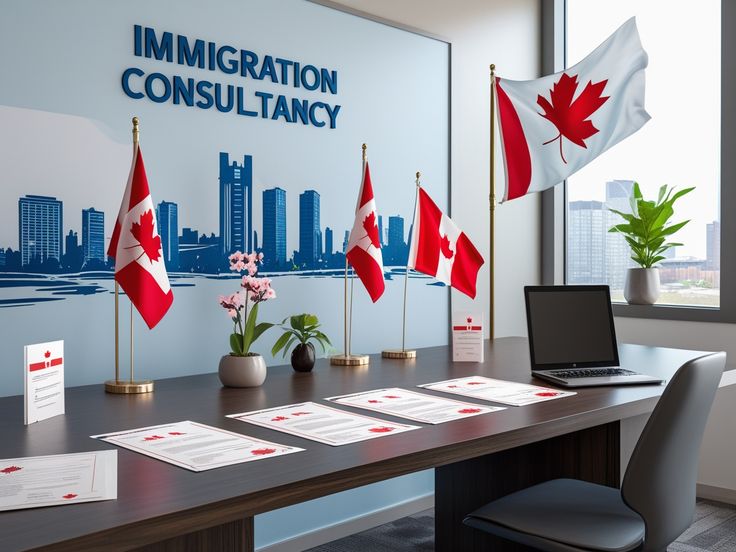 Bureau professionnel de consultation en immigration canadienne avec dossiers et drapeaux du Canada
